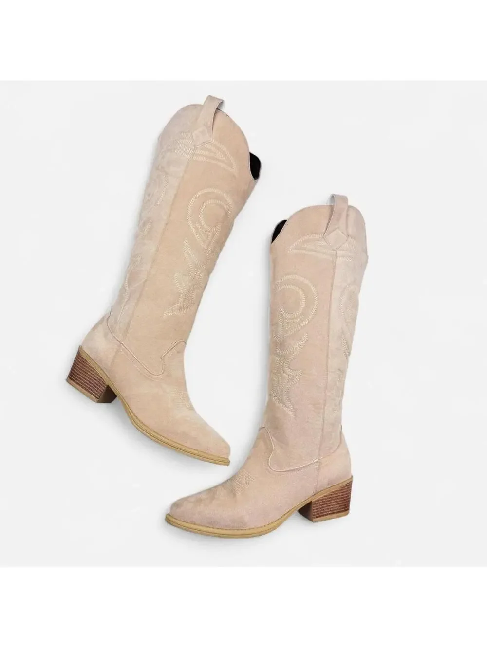 Cream Vegan Chocolate Suede Embroidered Western Cowboy Boots in Cream